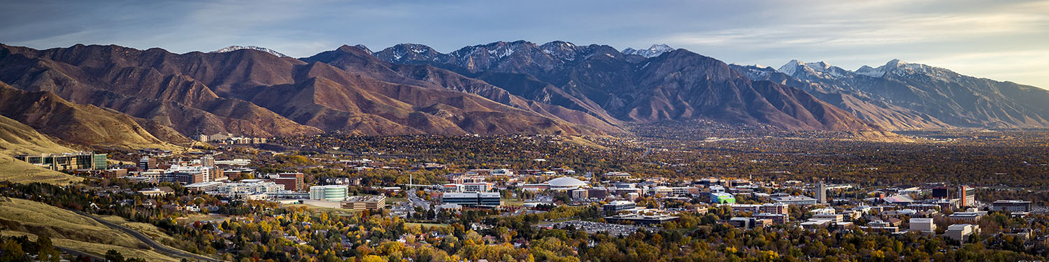 Ariel view of the University of Utah campus and the stunning Wasatch Mountains