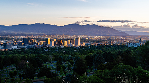 Sunset photo of the Salt Lake City skyline, taken from the University of Utah campus