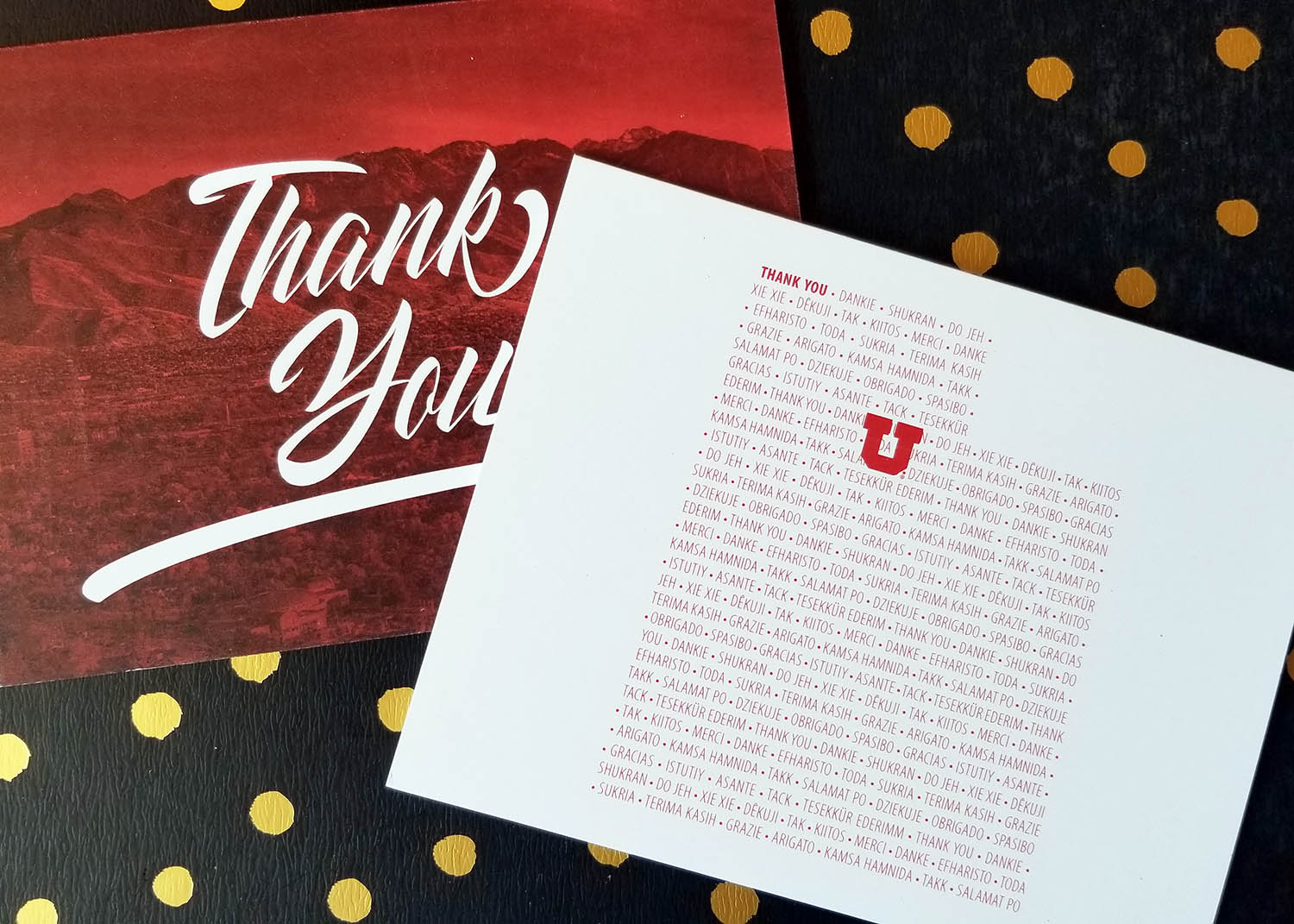 Two red and white University of Utah thank you notes