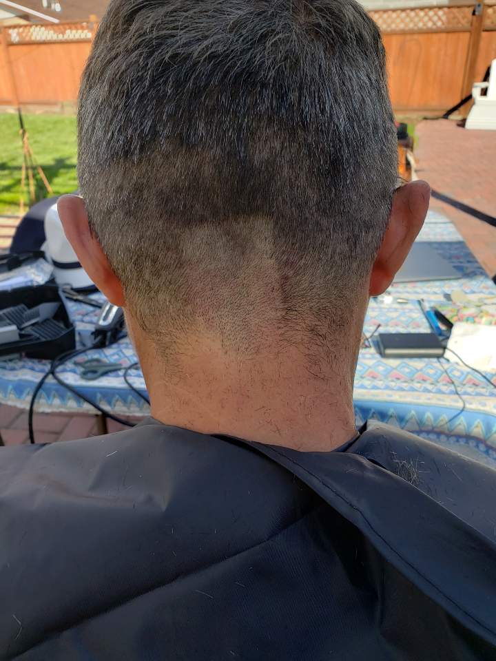 the back of professor Cetrola Sanchez's head with a deep clipper cut in his hair