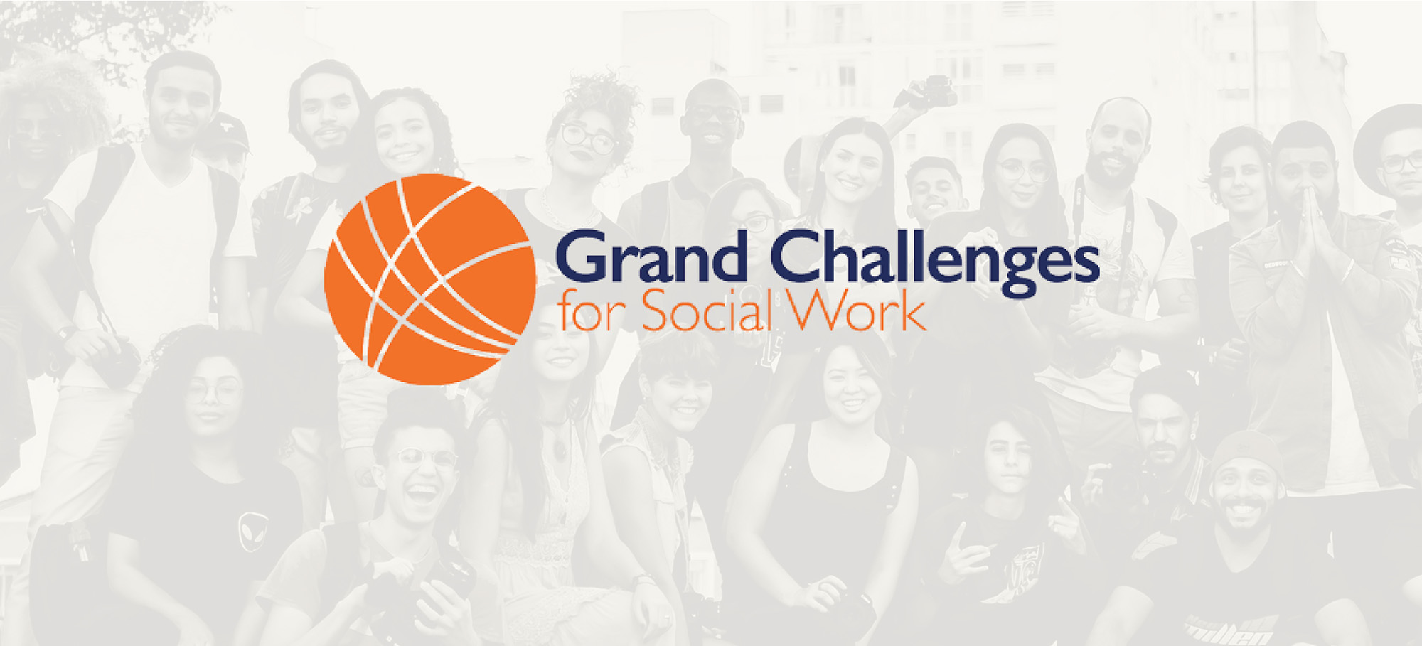 The Grand Challenges for Social Work logo on top of a faint photo of smiling people