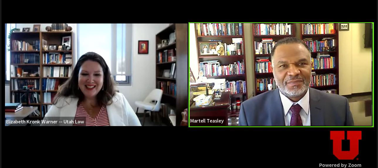 Screen capture of a Zoom meeting, featuring Dean Elizabeth Kronk Warner in her office and Dean Martell Teasley in his office