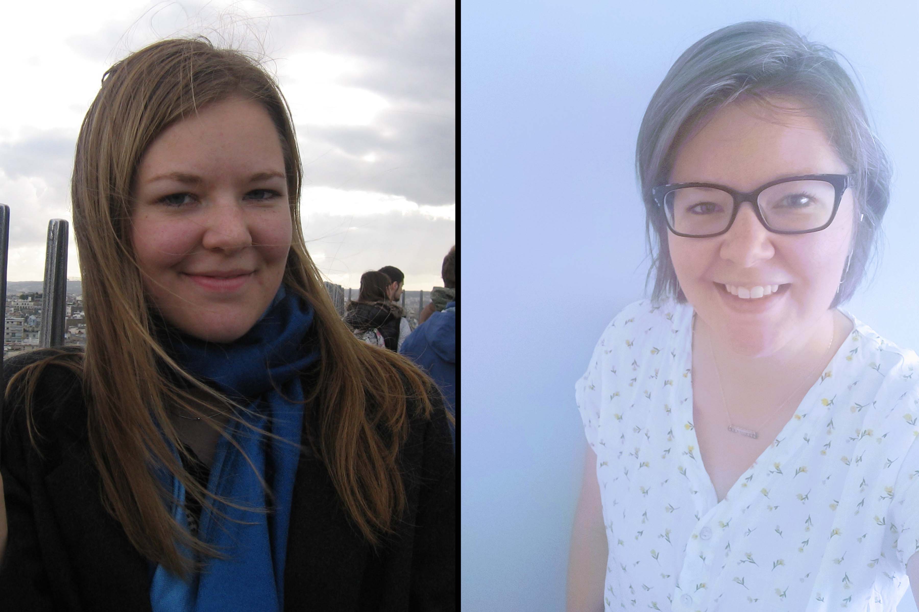 Two headshot photos of the same woman taken 13 years apart.