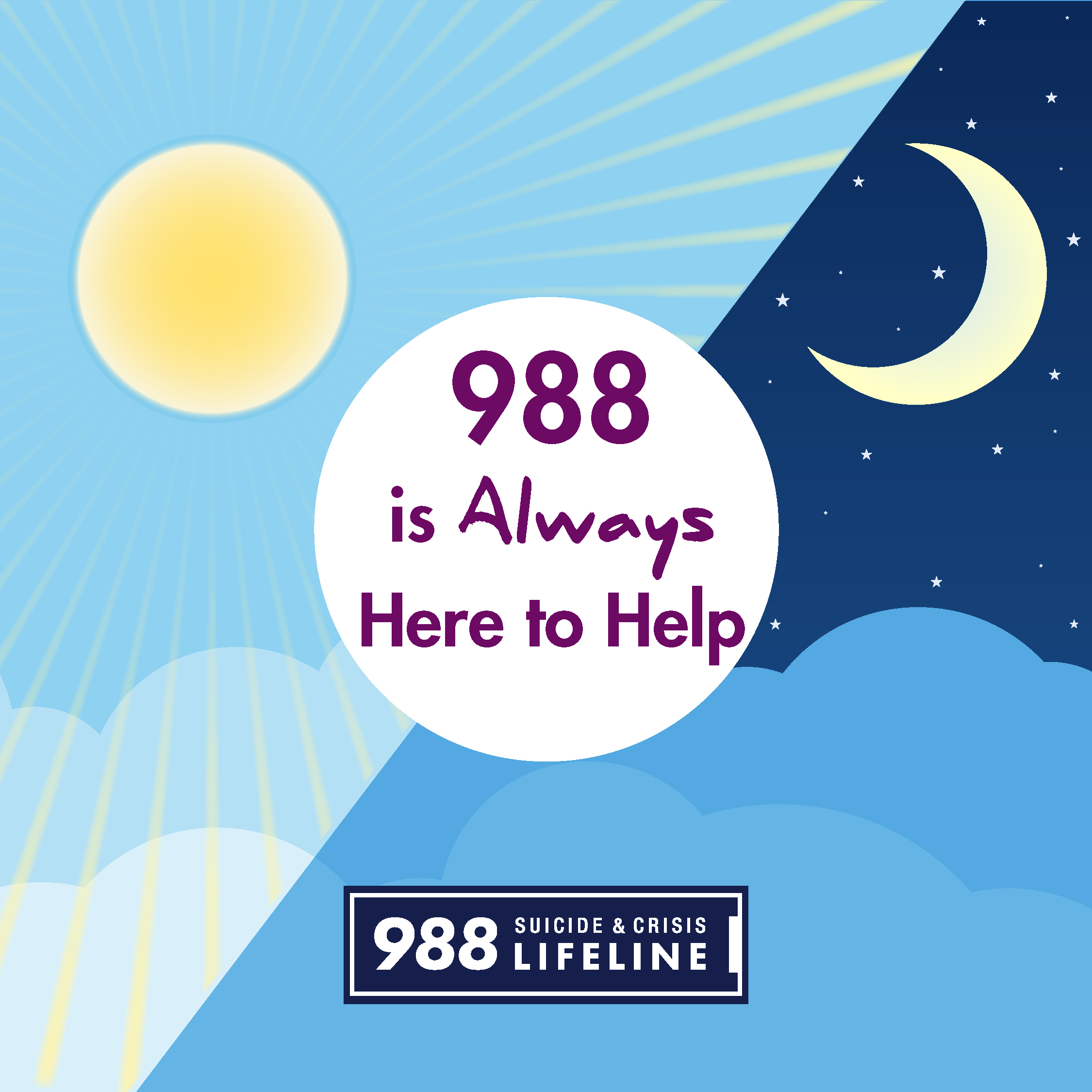 Illustration of a sun and moon, with text, “988 is always here to help,” and “988 suicide and crisis lifeline”