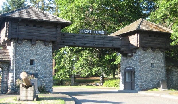 A photo of the fort gate at Fort Lewis, Washington taken in 1976